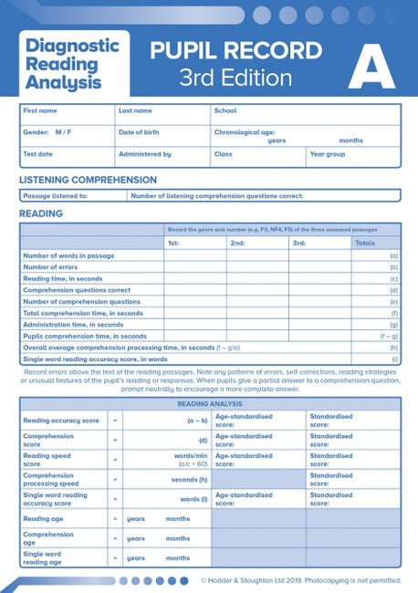 Diagnostic Reading Analysis Pupil Record Sheet A Pk 10