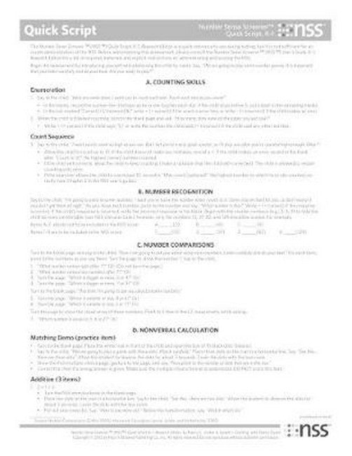 Number Sense Screener (TM) (NSS (TM)) K-1