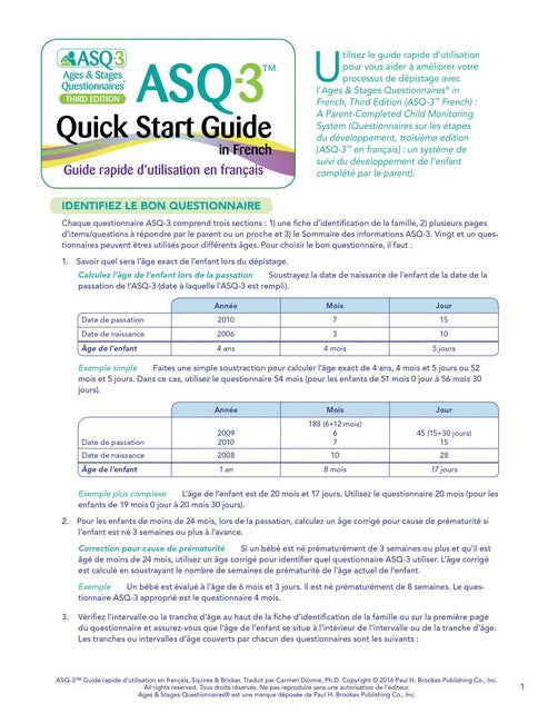 Ages & Stages Questionnaires (R) (ASQ (R)-3): Quick Start Guide (French) 3/e
